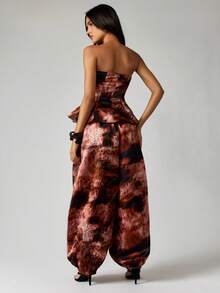 MISSGUIDED Strapless Peplum Corset Top And Wide Leg Balloon Pants Coord Set Fall Winter Abstract Print - Brown - View 2