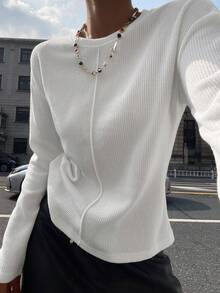 DAZY Áo thun dài tay cơ bản thời trang công sở thoải mái, rộng rãi cho nữ, thiết kế chắp vá, mùa thu - trắng - Xem 1