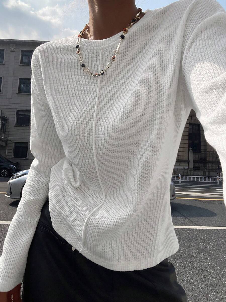 DAZY Áo thun dài tay cơ bản thời trang công sở thoải mái, rộng rãi cho nữ, thiết kế chắp vá, mùa thu - trắng - Xem 1