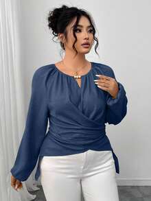 Elenzga Plus Size Women's Solid Color Keyhole Neck Lantern Sleeve Ruched High-Low Hem Fashionable Blouse