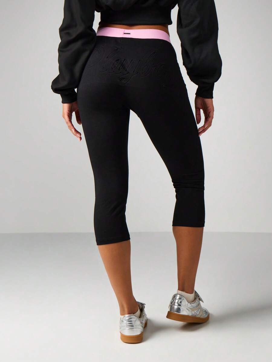 Missguided x Playboy Leggings capri taille haute avec motif gaufré et taille-bande contrastante rose - Multicolore - Voir 1