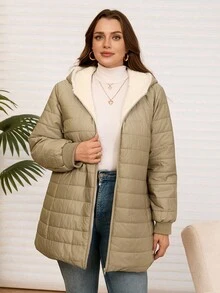 EMERY ROSE 冬季大码女式纯色连帽棉服外套 - 卡其色 - 查看 4