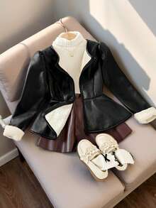SHEIN Jaket Crop Super Nyaman untuk Anak Perempuan Remaja Musim Dingin, Elegan, Model Blok Warna, Bahan PU Fleece Tebal, Pinggang Berkerut, Hem Bergelombang, Resleting Depan Metalik, Warna Hitam - Hitam - View 2