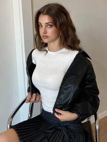 DAZY 1件女士纯色前拉链长袖口袋简约PU皮夹克，秋季女装皮夹克