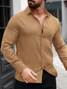 Manfinity CasualCool 男士休闲基础款纯色长袖条纹衬衫，男士纽扣衬衫，米色衬衫，男士休闲衬衫，新款男士秋冬畅销款，百搭纯色酒红色衬衫，棕褐色男士衬衫 - 卡其色 - 查看 3