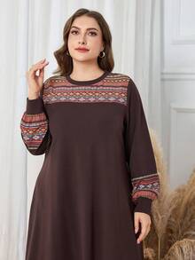 Lacomfia 女式印花拼接灯笼袖宽松休闲舒适家居连衣裙，大码，秋冬 - 彩色 - 查看 4