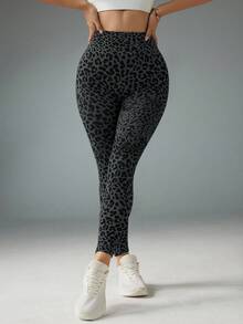 Gameset SHEIN Sport Women's Seamless Leopard Print High Stretch Leggings, Suitable For Yoga, Workout, And Daily Commute - Dark Grey - View 6