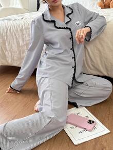 SHEIN 编织条纹刺绣拼接长袖上衣和裤子女士睡衣套装秋冬服装 - 深灰色 - 查看 5