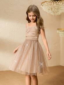 女童闪亮无袖连衣裙，后背蝴蝶结，公主薄纱裙，适合生日派对 - 卡其色 - 查看 6