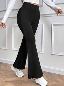 SHEIN PETITE 女士休闲日常百搭修身保暖高腰阔腿裤，带松紧腰带，黑色冬季款式，女士黑色长裤。