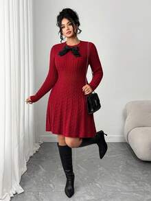 Elenzga 圣诞节加大码时尚甜美蝴蝶结腰部A字连衣裙，酒红色绞花针织套头连衣裙 - 酒紅色 - 查看 5