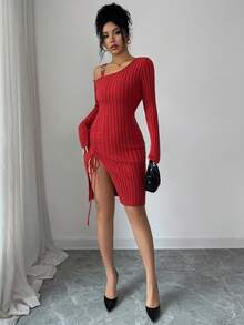 SHEIN Elenzya Anneusta 女士秋冬上衣，适合度假、独立日、劳动节、哥伦布日、感恩节、情人节、街头风、复古风、北欧风、Grunge风、韩版风、休闲装、工作装、教师装、返校季、哥特风、办公室装、商务休闲装、不对称肩部设计、毛衣、连衣裙等场合。 - 咖啡棕 - 查看 4