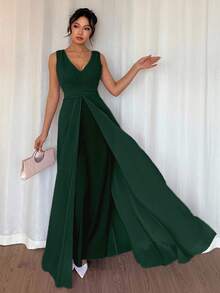 Rafferiza Elegant V-Neck Pleated Waist Pearl Chiffon Wide Leg Jumpsuit, Suitable For Wedding Guest Attire, Purple - Dark Green - View 5