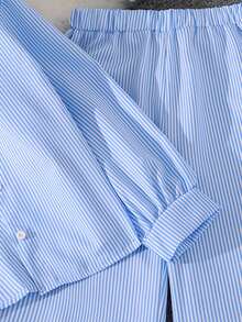 INAWLY 2 件休闲通勤套装：宽松前开衫 + 松紧腰直筒裤 - 藍色 - 查看 4