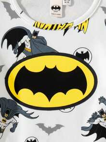BATMAN X SHEIN 85th 小男孩卡通全身印花针织圆领弹力长袖上衣和裤子睡衣套装 - 白色 - 查看 3