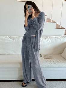 DAZY 三件套柔软针织睡袍，吊带上衣和裤子家居服套装，秋冬服装 - 藍色 - 查看 5