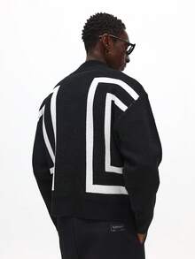 SUMWON Regular Quarter Zip Raised Neck Knitted Jumper With Logo Pattern Chunky Knit Pullover Sweater Plain - Black and White - View 2