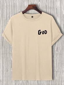 Manfinity EMRG 男士字母印花修身短袖休闲 T 恤，夏季，送给朋友 - 杏色 - 查看 3