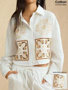 Easelle 女式刺绣前扣镂空长袖衬衫，春秋 - 白色 - 查看 9