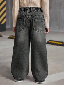 SHEIN 年轻女孩 Y2K 复古蓝色牛仔布毛绒宽腿宽松牛仔裤，羊毛加厚保暖牛仔裤，女孩秋冬装