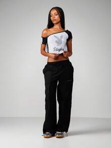 Missguided x Playboy Asymmetric Off Shoulder Crop Top With Embellished Bunny Logo And Short Sleeves - Multicolor - View 3