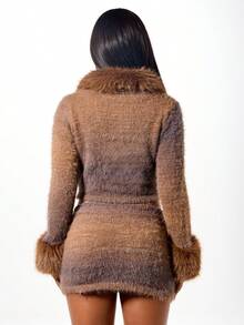 SUMWON WOMEN Fluffy Knit Cropped Cardigan With Fur Collar And Cuff Trim Button Front Winter Sweater - Brown - View 2
