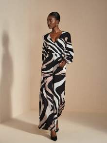 JIAN LASALA V Neck Multi Waving Print Bishop Sleeves Smocking Waist Wide Leg Casual Women Jumpsuit Luxury Stylish Clothing Collection Elegant Graphic Jumpsuit - Multicolor - View 3