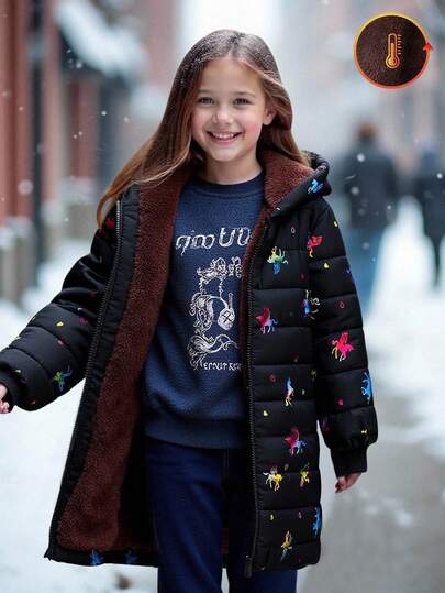 Young Girl' Casual Black Colorful Unicorn Print Quilted Hooded Padded Coat, Warm Thermal Lined For Winter
