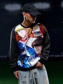 Captain Tsubasa X SHEIN 男士秋季休闲卡通图案落肩卫衣，冬季 - 黑色 - 查看 4