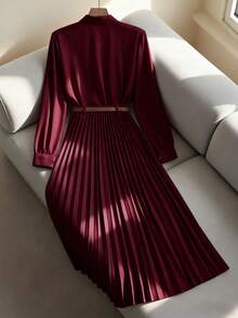 Franclia 休闲通勤百搭纯色长袖衬衫搭配女士A字裙、百褶裙、长裙，配腰带，春秋季，卡其色女套装，女士两件套，女士连衣裙，秋装/春装，女士休闲装，女士教师制服 - 酒紅色 - 查看 2