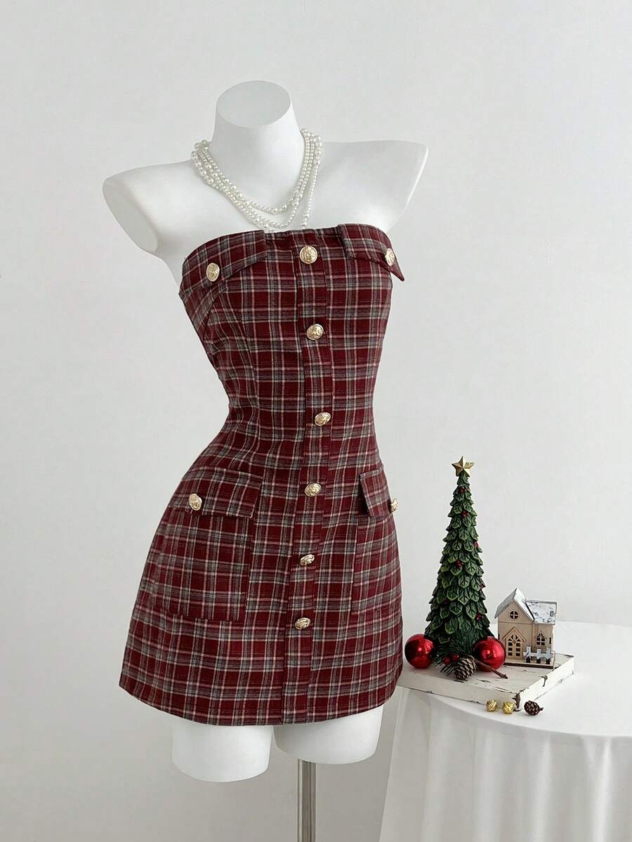 女式金属扣装饰格子抹胸 A 字迷你连衣裙 - 彩色 - 查看 1