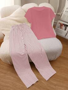 INAWLY طقم تي شيرت أكمام قصيرة لون سادة وبنطال مخطط للصيف الكاجوال - وردي - مشاهدة 2