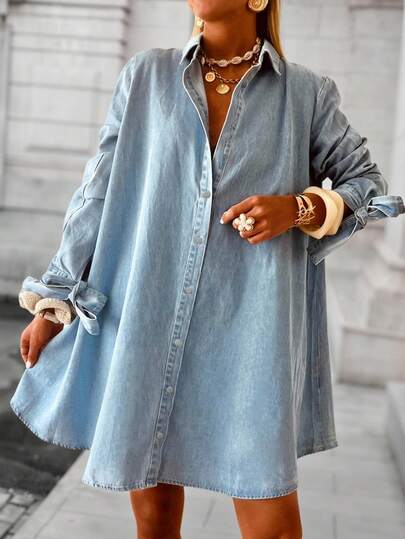 EMERY ROSE 女式长袖单排扣休闲宽松牛仔衬衫裙
