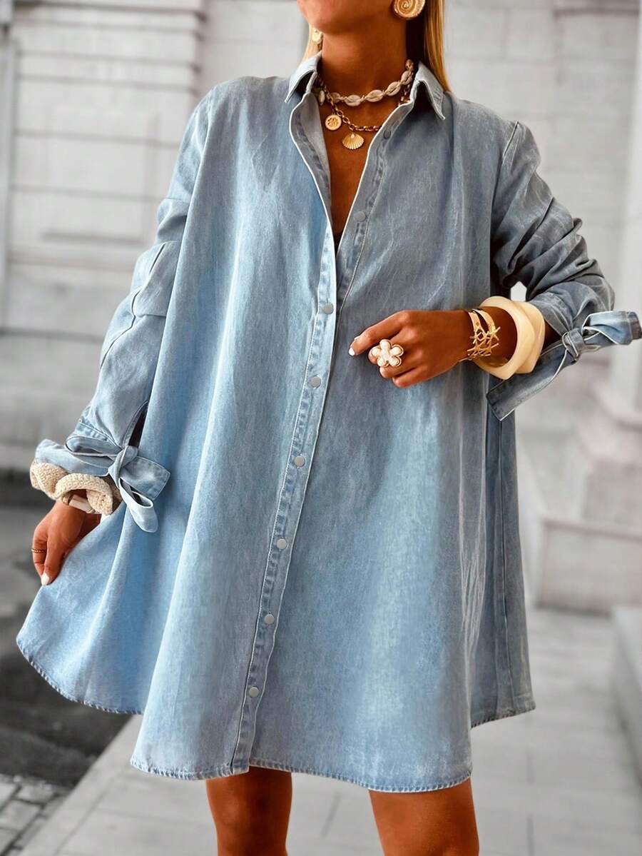 EMERY ROSE 女式长袖单排扣休闲宽松牛仔衬衫裙