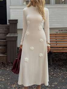 Elyressa Casual 3D Floral Decor Knitted Velvet Elegant French Style Dress For Women - Apricot - View 6