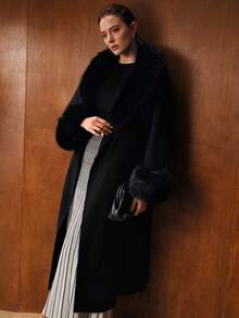 MOTF PREMIUM Wool Collar Patchwork Long Waist Cinched Overcoat, Autumn/Winter - Black - View 5
