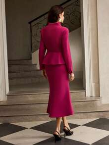 ZEYLAH Set de 2 piezas: Chaqueta tipo blazer con cintura ceñida en forma de X y falda ajustado, para otoño/invierno - Rosa Fucsia - Ver 4