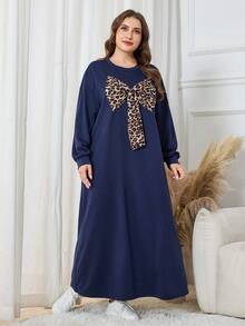 Lacomfia 休闲纯色豹纹蝴蝶结装饰圆领宽松长袖运动衫，加大码，春秋季 - 藏蓝色 - 查看 6