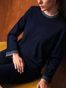 MOTF PREMIUM CHIC 2 PIECES KNIT SET: CONTRAST TRIM CREW NECK SWEATER AND WIDE LEG PANTS WITH CONTRAST HEM, AUTUMN/WINTER - Navy Blue - View 3