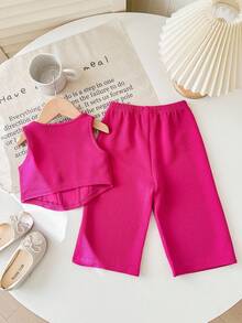 SHEIN Baby Girls Cute Knit Pink Tank Top And Elastic Waist Pants 2 Pieces Set, Summer