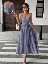 Chiquease Women's V-Neck Striped Criss-Cross Design Dress