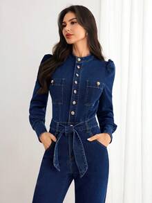 Elenzga 女式金属纽扣半襟泡泡袖系腰优雅喇叭牛仔连体裤 - 深色水洗藍 - 查看 4