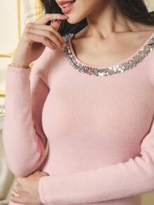 Omancia Vestido de malha com lantejoulas elegantes, gola quadrada, laço, presente de Natal, Ano Novo e Ação de Graças, vestido de festa