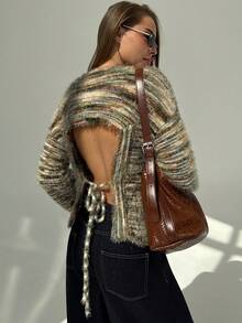 Aloruh Suéter de mujer para otoño e invierno con rayas/casual de negocios/elegante/renacimiento, ropa de mujer de otoño de manga larga, cuello redondo, ropa de mujer para cumpleaños, calado, fiesta, Halloween, Navidad, parte superior de manga larga con escote sexy en la espalda - Marrón - Ver 2