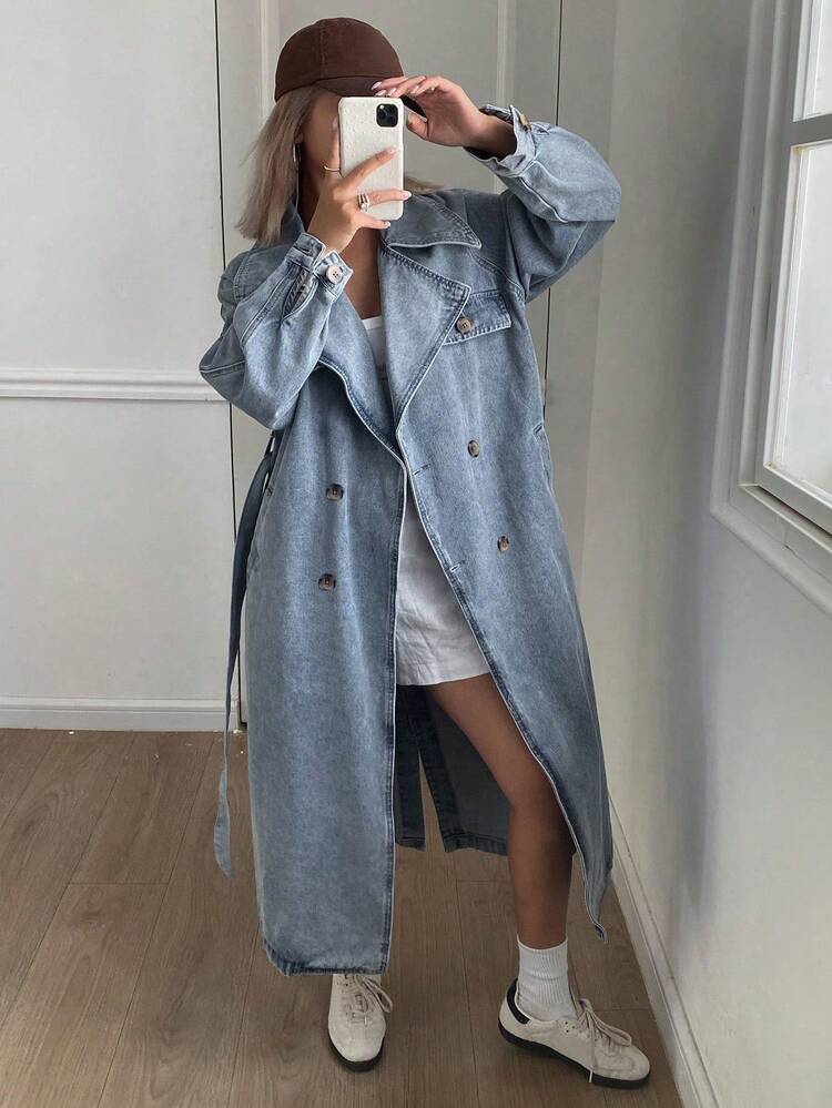 Women's Fashion Washed Double-Breasted Denim Jacket,Fall Clothes,Back To School Clothes