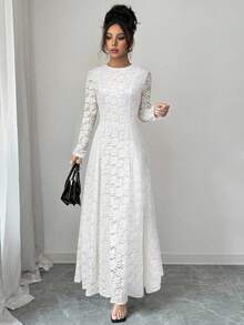 Rafferiza 女士优雅波西米亚长袖经典圆领修身长款白色连衣裙，搭配精致蕾丝面料，适合春秋季节 - 白色 - 查看 1