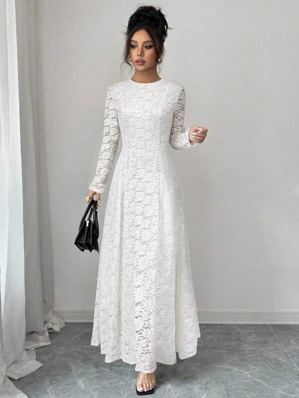 Rafferiza 女士优雅波西米亚长袖经典圆领修身长款白色连衣裙，搭配精致蕾丝面料，适合春秋季节