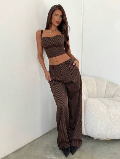 Aloruh Traje de negocios para mujer de otoño/invierno, conjunto de 2 piezas con chaleco de tirantes a rayas marrones y pantalones de traje a rayas marrones, adecuado para ir al trabajo, la oficina y ocasiones formales