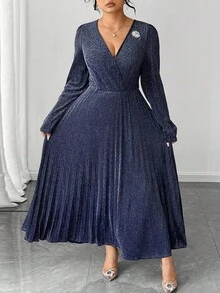 SHEIN Elenzya Plus Size Women's Elegant Glitter Knit V-Neck Puff Sleeve Rhinestone Decor Ruched Maxi Dress - Navy Blue - View 6