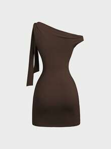 Sweetra Váy ôm sát vai xẻ tà gợi cảm cho nữ, thắt eo, ôm sát, chân váy ngắn kiểu Pháp - màu nâu - Xem 2